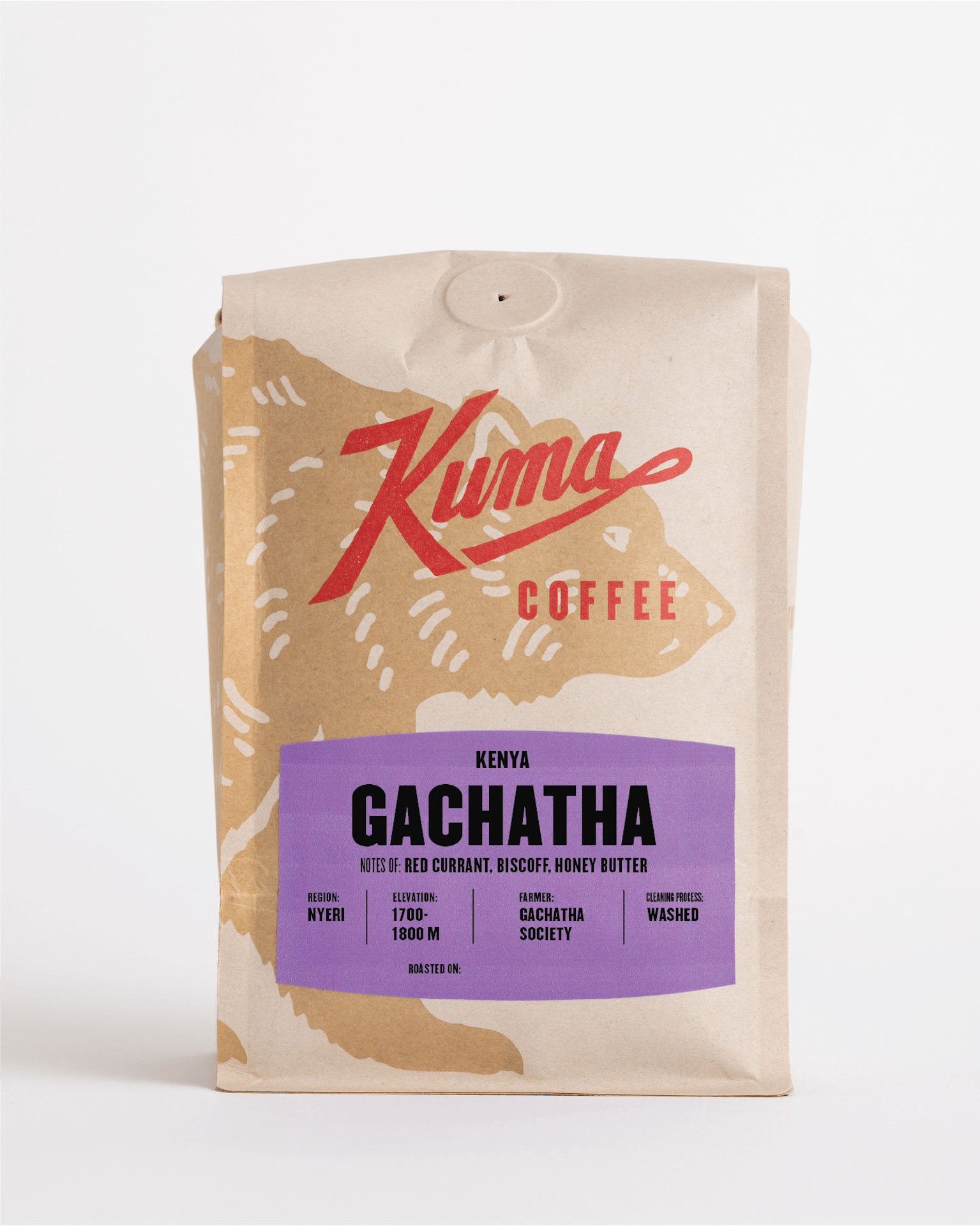 A bag of Kuma Coffee labeled 'Kenya Gachatha' with a graphic of a leaping gorilla and coffee beans, indicating a medium-light roast level and the farmer's society.